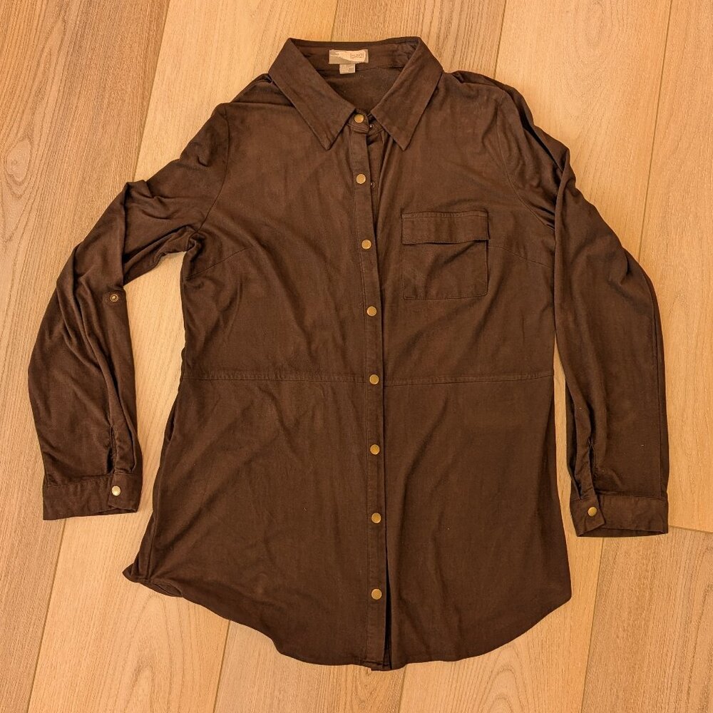 Women's Size L Brown Faux Suede Long Sleeved Tunic Snap Front Shirt